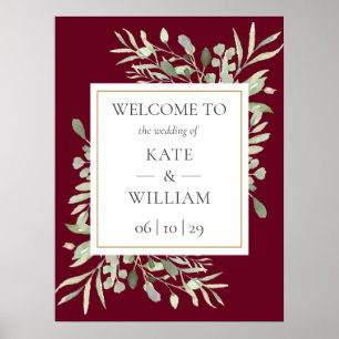 Affiche Panneau de bienvenue de mariage vert Burgundy