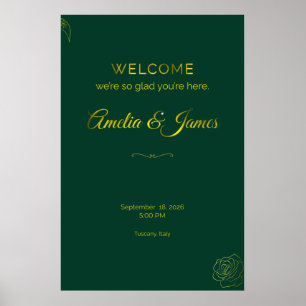 Affiche Panneau de bienvenue de mariage vert émeraude et f