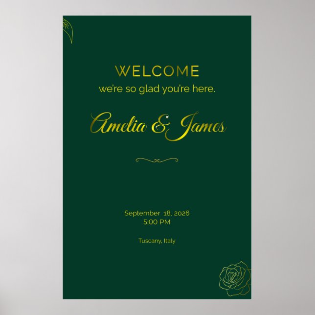 Affiche Panneau de bienvenue de mariage vert émeraude et f (Devant)
