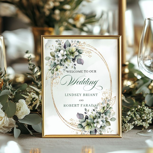 Affiche Panneau de bienvenue de mariage vert poussiéreux E (Dusty Green Eucalyptus Gold Wedding Welcome Sign)