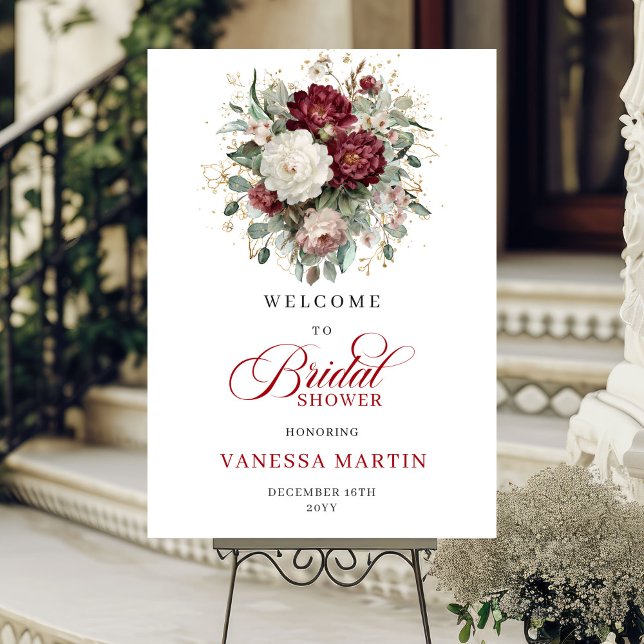 Affiche Panneau de Bienvenue de Mariée aux Fleurs de Marsa (Marsala Flowers Greenery Gold Bridal Welcome Sign

)