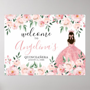 Affiche Panneau de bienvenue de Quinceañera floral rose bl