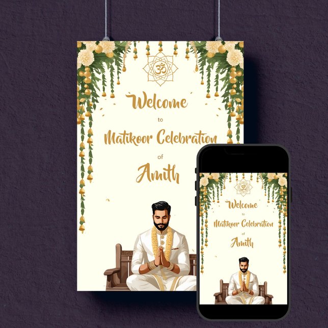 Affiche Panneau de bienvenue des mariés mariages indiens M (Matikoor Haldi Indian wedding grooms editable template welcome sign poster digital download gold)