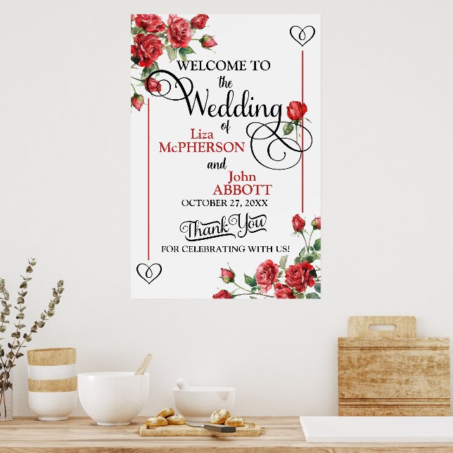 Affiche Panneau de bienvenue du mariage de roses rouges (Cuisine)