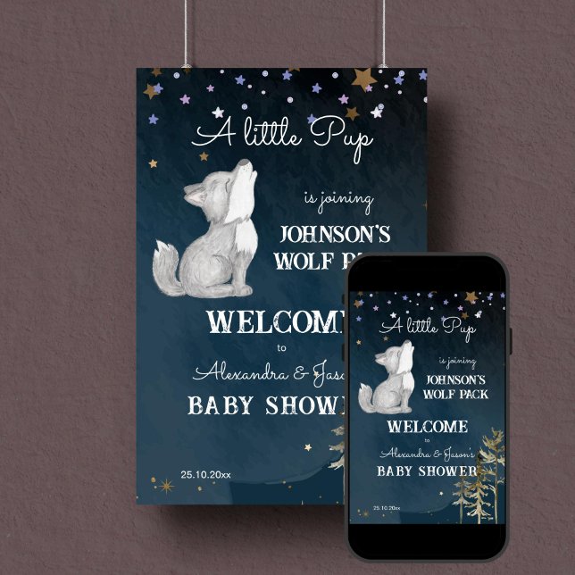 Affiche Panneau de bienvenue du petit baby shower à thème  (Wolf themed baby shower welcome sign poster digital download cute howling wolf cub starry night)