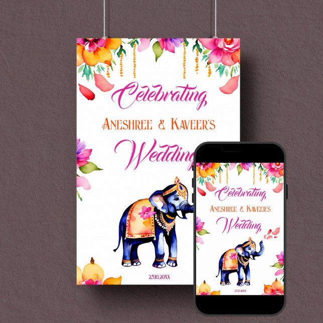 Affiche Panneau de bienvenue d'un mariage indien (Indian wedding elephant welcome sign poster instant download cerise flowers ornate elephant)