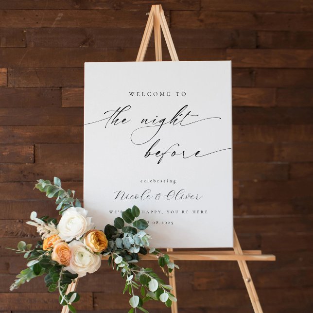 Affiche Panneau de bienvenue élégant pour le dîner de répé (Black and White Welcome to Rehearsal Dinner Sign Sophisticated Script)