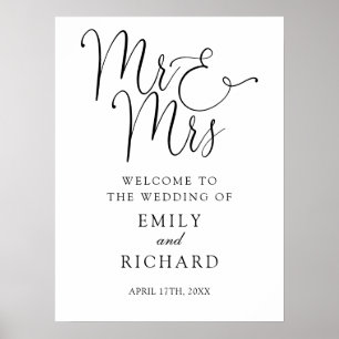 Affiche Panneau de bienvenue élégant pour mariage M. et Mm