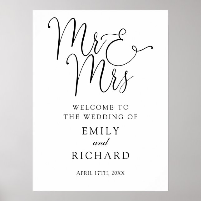 Affiche Panneau de bienvenue élégant pour mariage M. et Mm (Devant)