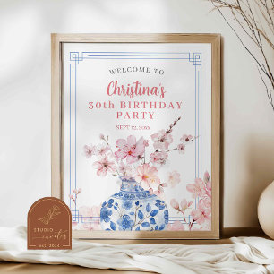 Affiche Panneau de bienvenue Fleur de cerisier rose en chi
