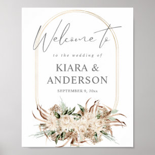 Affiche Panneau de bienvenue floral beige bohème bohémien