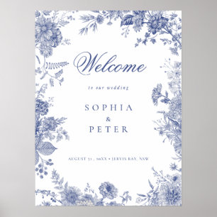 Affiche Panneau de bienvenue floral bleu français élégant