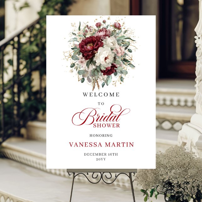 Affiche Panneau de bienvenue floral eucalyptus Marsala rom (Romantic Marsala Floral Eucalyptus Welcome Sign)