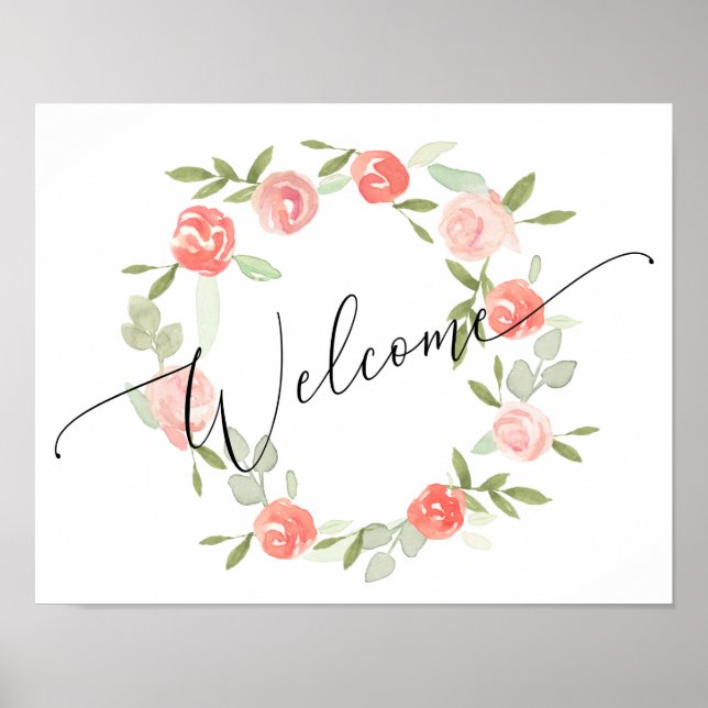 Affiche Panneau de bienvenue floral - mariage Peach Coral (Devant)