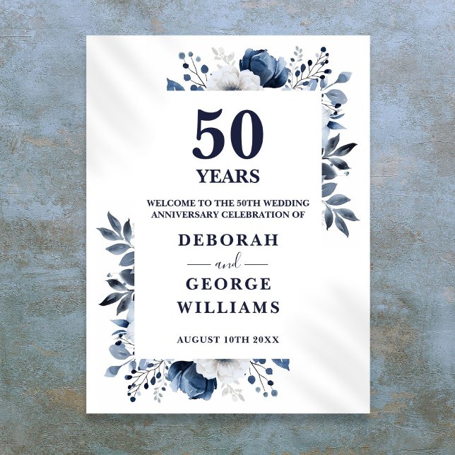 Affiche Panneau de bienvenue floral pour 50 ans de mariage (Navy 50th Wedding Anniversary Floral Welcome Sign)