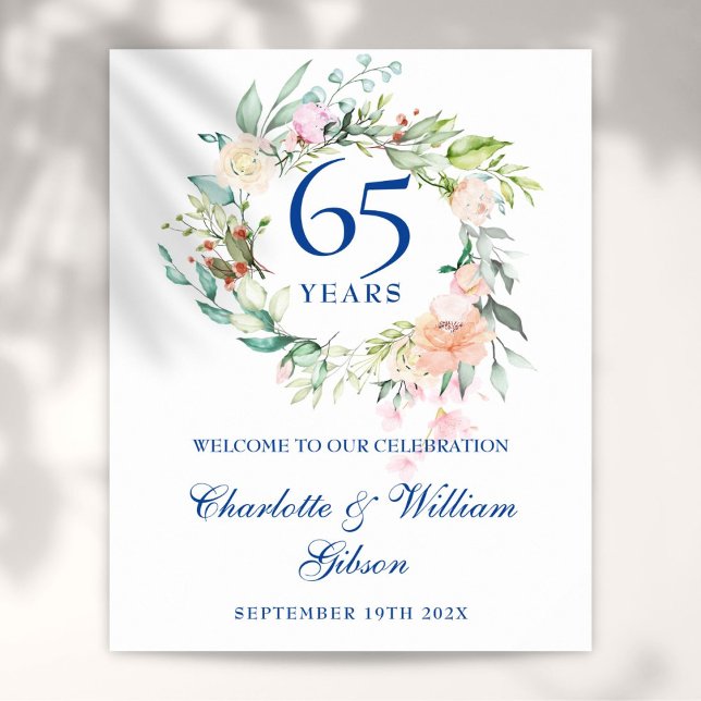 Affiche Panneau de bienvenue floral pour les 45 à 65 ans d (45 - 65th Wedding Anniversary Floral Welcome Sign)