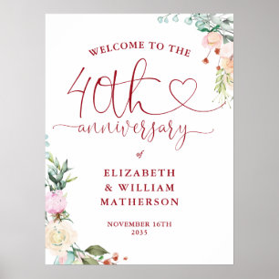 Affiche Panneau de bienvenue floral Ruby Heart pour le 40e