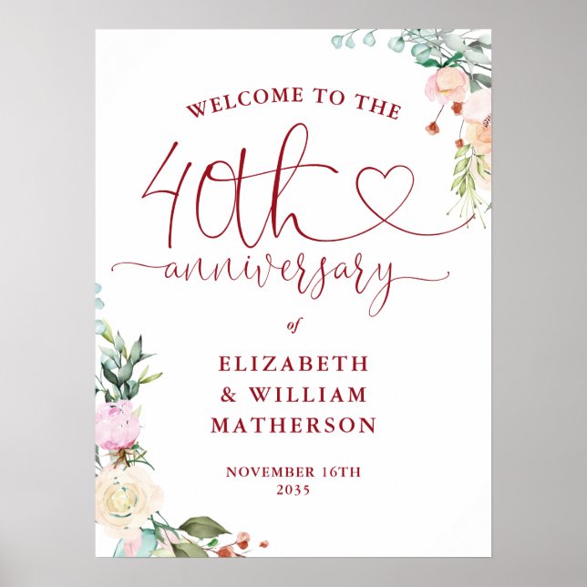 Affiche Panneau de bienvenue floral Ruby Heart pour le 40e (Devant)