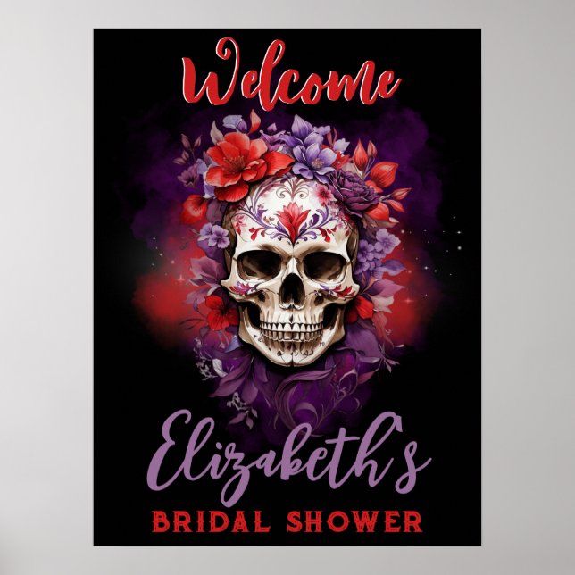 Affiche Panneau de bienvenue Floral Skull Rouge/Violet Hal (Devant)