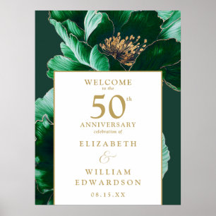 Affiche Panneau de bienvenue floral vert or 50e anniversai