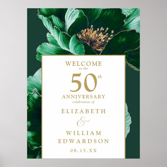 Affiche Panneau de bienvenue floral vert or 50e anniversai (Devant)