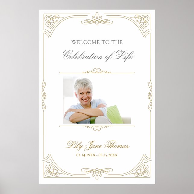 Affiche Panneau de bienvenue funéraire Elegant Gold Swirl  (Devant)