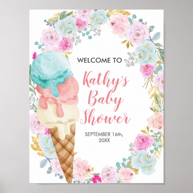 Affiche Panneau de Bienvenue Glace Crème Fleurs Pastel (Devant)