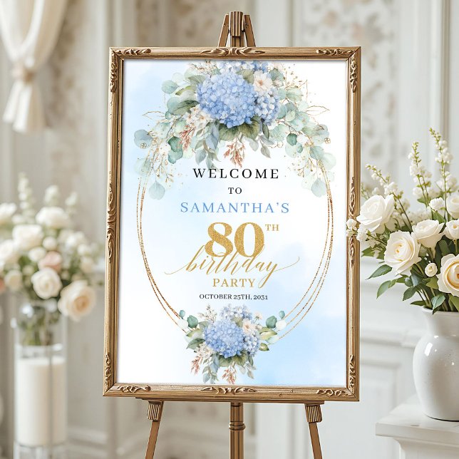 Affiche Panneau de bienvenue Hydrangea Bleu Clair 80e anni (Light Blue Hydrangea Welcome Sign 80th birthday welcome)