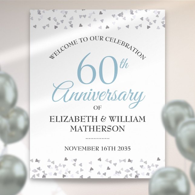 Affiche Panneau de bienvenue Love Hearts Confetti pour le  (60th Anniversary Love Hearts Confetti Welcome Sign)