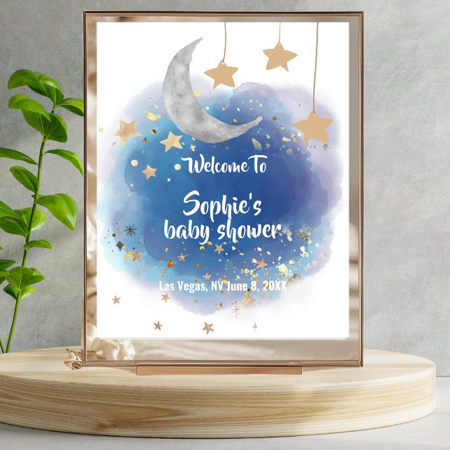 Affiche Panneau de Bienvenue Lune Et Étoiles Bleu Royal Or (Créateur téléchargé)