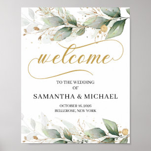 Affiche Panneau de bienvenue mariage d'or eucalyptus vert