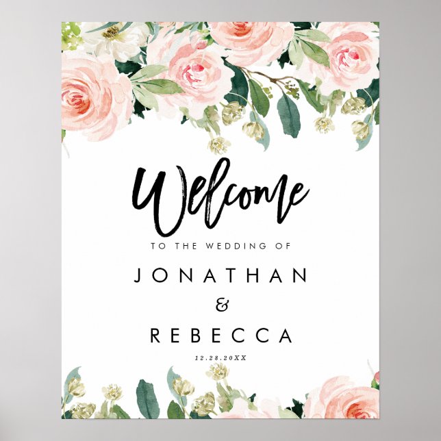 Affiche panneau de bienvenue mariage fleurs roses blush (Devant)