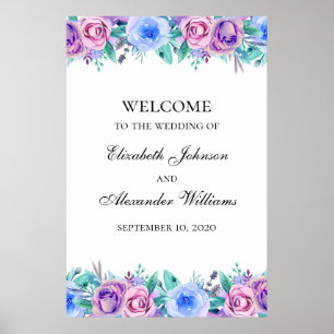 Affiche Panneau de bienvenue mariage floral. Bleu et viole