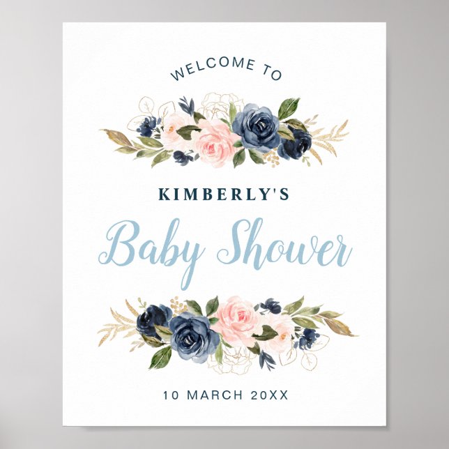 Affiche Panneau de bienvenue Marine et baby shower floral  (Devant)