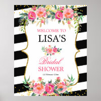 Panneau de bienvenue noir blanc rayé rose floral
