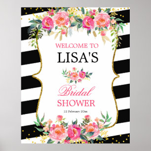 Affiche Panneau de bienvenue noir blanc rayé rose floral