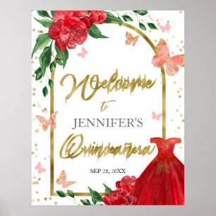 Affiche Panneau de bienvenue Papillons de Quinceanera Robe