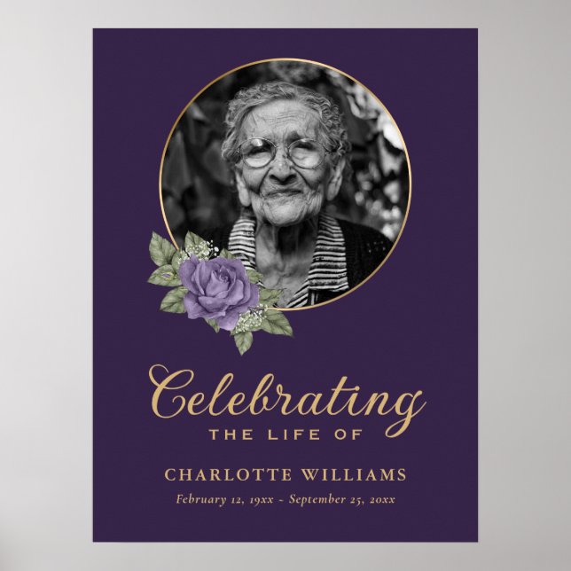 Affiche Panneau de bienvenue photo deuil floral or violet (Devant)