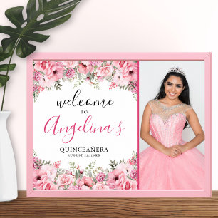 Affiche Panneau de bienvenue photo floral rose élégant pou