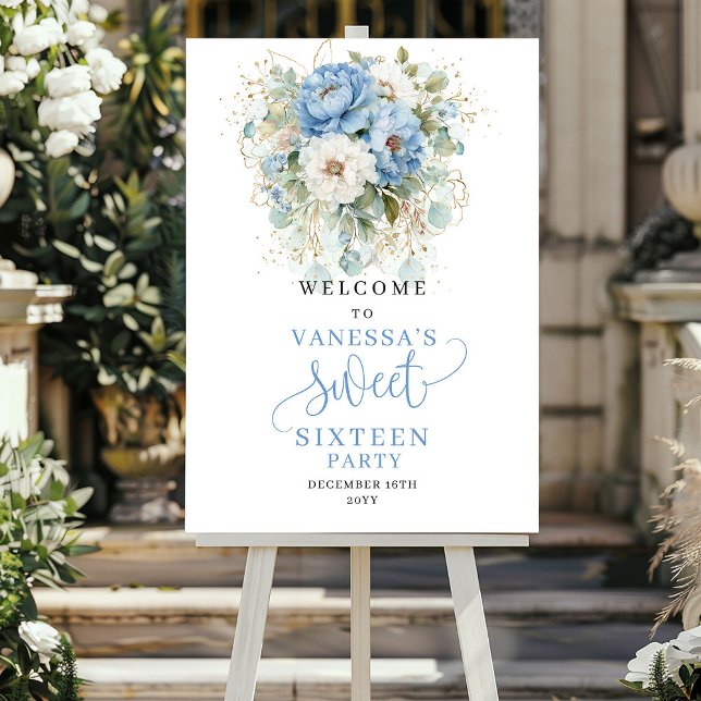 Affiche Panneau de bienvenue pour 16 ans Bleu Rustique et  (Rustic Blue and Gold 16th Birthday Welcome Sign)