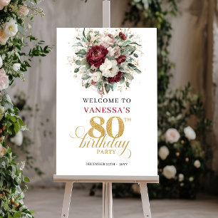 Affiche Panneau de bienvenue pour 80 ans avec fleurs éléga