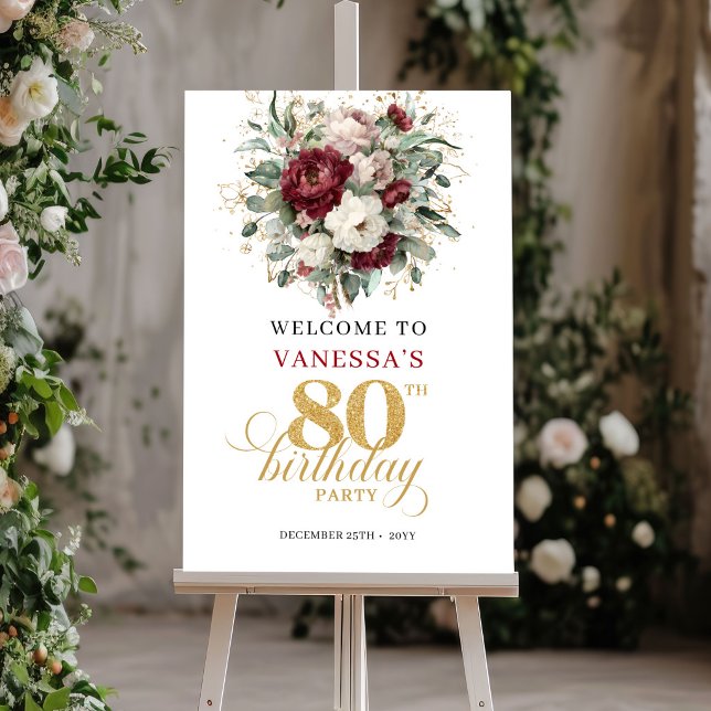 Affiche Panneau de bienvenue pour 80 ans avec fleurs éléga (Welcome guests in style with this elegant 80th Birthday Welcome Sign / Poster, featuring watercolor )
