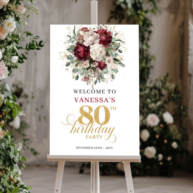 Affiche Panneau de bienvenue pour 80e anniversaire Bohème  (Boho Burgundy Greenery 80th Birthday Welcome Sign)