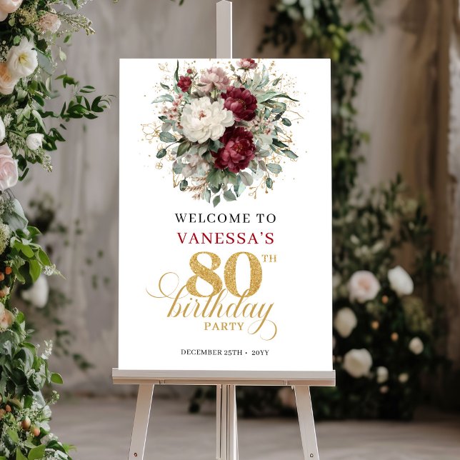 Affiche Panneau de bienvenue pour 80e anniversaire Elegant (Elegant Boho Marsala 80th Birthday Welcome Sign)