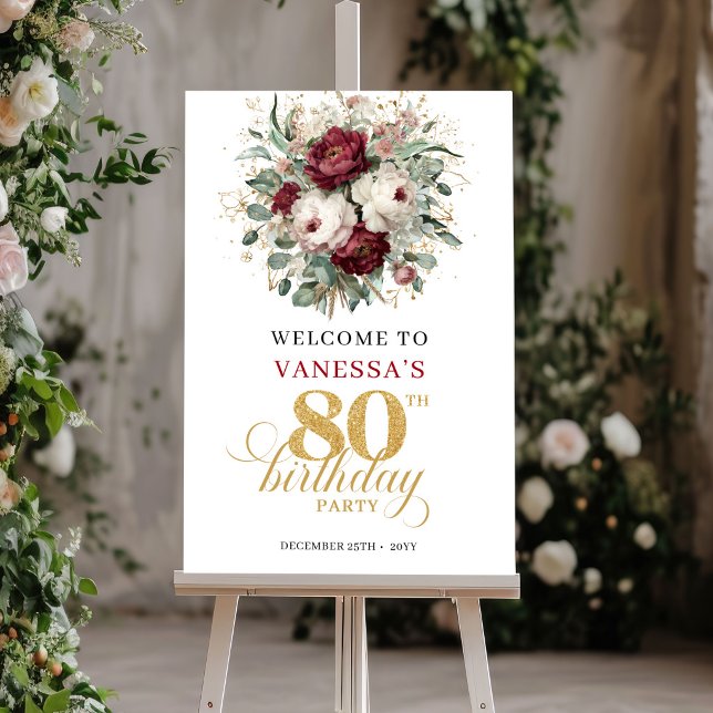 Affiche Panneau de bienvenue pour 80e anniversaire en Bour (Sophisticated Burgundy 80th Birthday Welcome Sign)