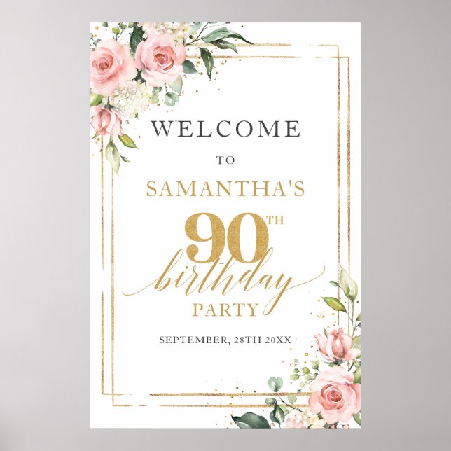 Affiche Panneau de bienvenue pour 90e anniversaire rose et (Devant)