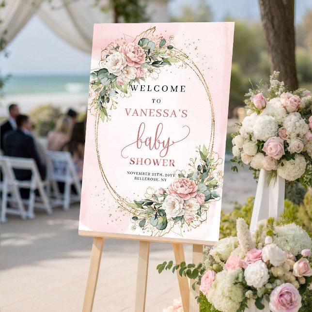 Affiche Panneau de bienvenue pour Baby Shower au thème flo (Elegant Blush Pink Floral Baby Shower Welcome Sign)