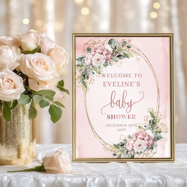 Affiche Panneau de bienvenue pour Baby Shower avec fleurs  (Blush Pink Floral Welcome Baby Shower Display Sign)