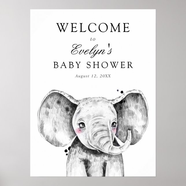 Affiche Panneau de Bienvenue pour Baby Shower Éléphant (Devant)