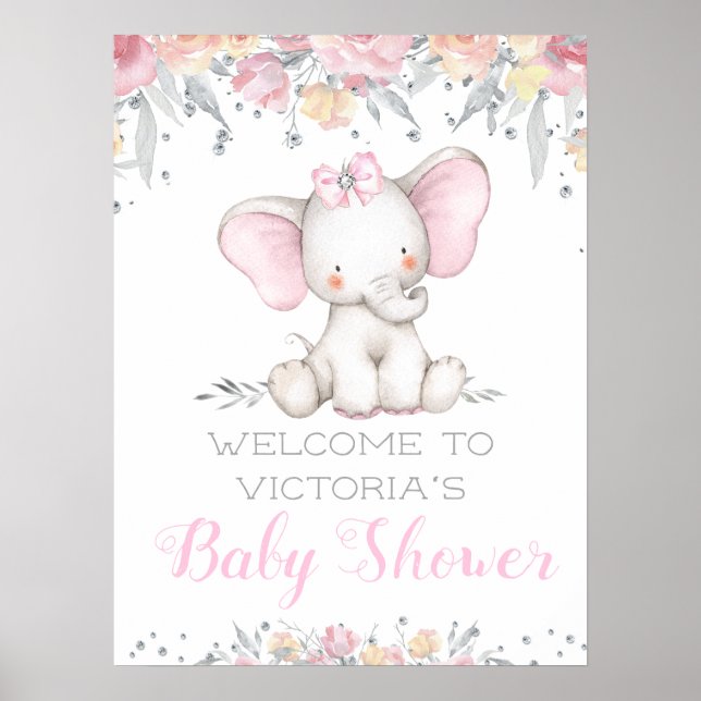 Affiche Panneau de bienvenue pour Baby Shower Fille Élépha (Devant)